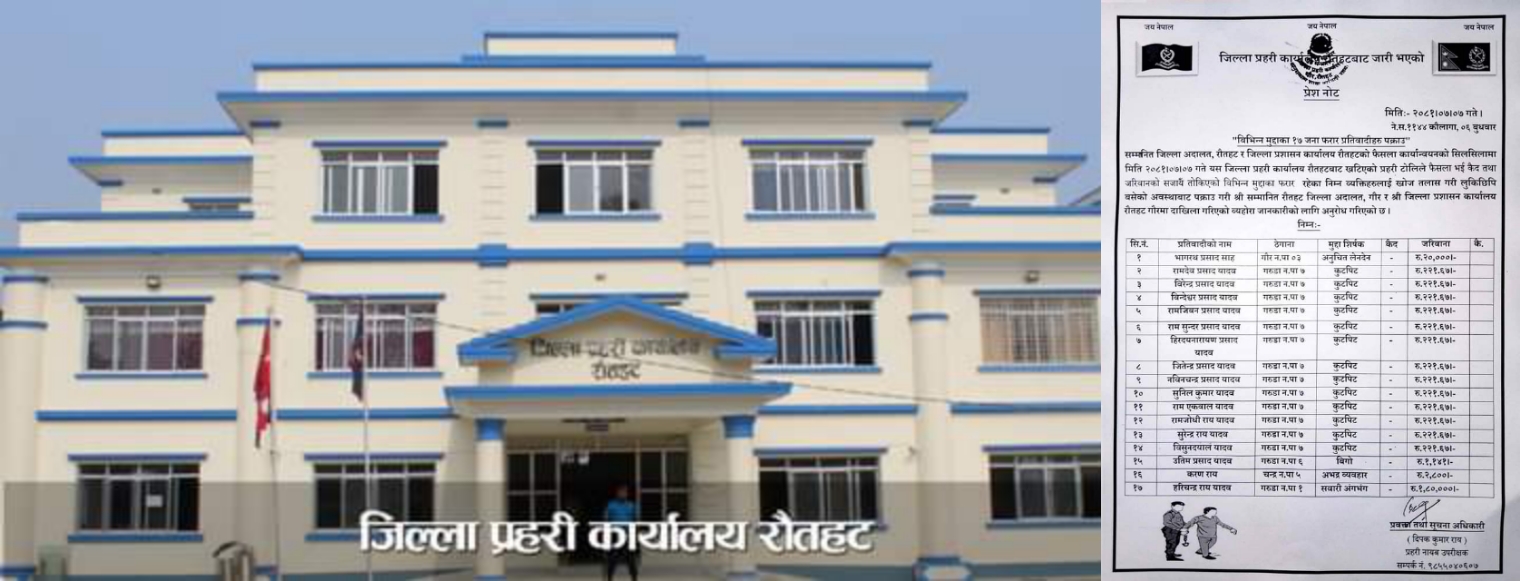 रौतहट प्रहरीद्वारा विभिन्न मुद्दाका १७ जना फरार प्रतिवादीहरु पक्राउ ।